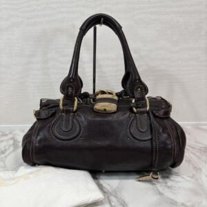 Rare Chloe Paddington Hand Bag Leather Dark Brown Padlock Key Used